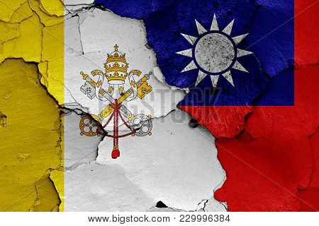 Flag Of Vatican And Taiwan Painted On Cracked Wall