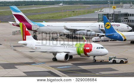 Airplane Push Back In Dusseldorf Airport