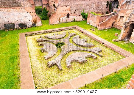 Lower Courtyard At Domus Augustana. Ancient Ruins On Palatine Hill, Rome, Italy