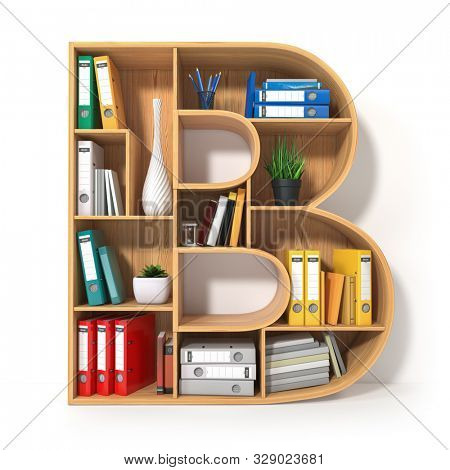 Letter B. Alphabet in the form of shelves with file folder, binders and books isolated on white. Archival, stacks of documents at the office or library. 3d illustration