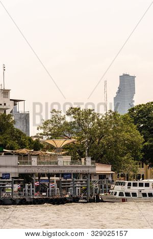 Bangkok City, Thailand - March 17, 2019: Chao Phraya River. Marine Department Ferry Landing With Gre