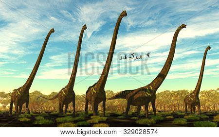 Mamenchisaurus Youngi Dinosaur Herd 3d Illustration - Mamenchisaurus Youngi Was A Sauropod Dinosaur 