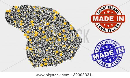 Mosaic Technical Lanai Island Map And Blue Made In Grunge Seal. Vector Geographic Abstraction Model 