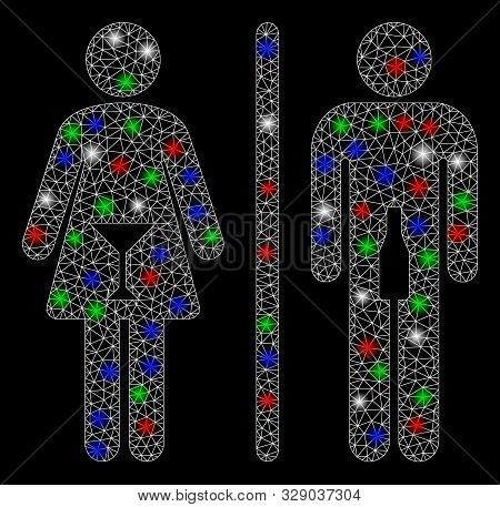 Bright Mesh Wc Persons With Glare Effect. White Wire Carcass Triangular Mesh In Vector Format On A B