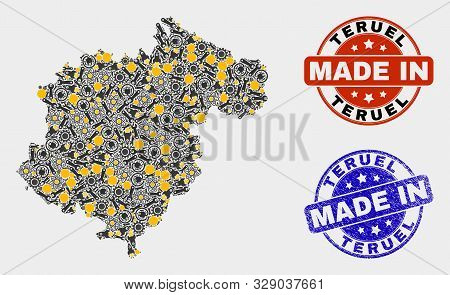 Mosaic Technical Teruel Province Map And Blue Made In Scratched Seal. Vector Geographic Abstraction 