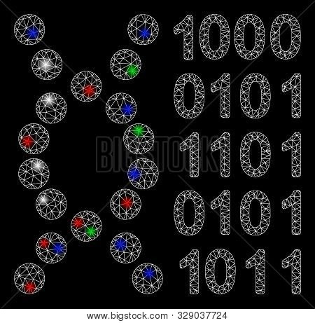 Bright Mesh Dna Code With Glare Effect. White Wire Frame Triangular Mesh In Vector Format On A Black