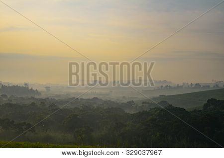 Fog Covers The Green Hills Of A Tea Plantation At Dawn, In Kibale, Uganda, Africa; Landscape View