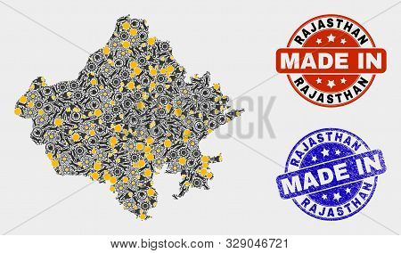 Mosaic Gear Rajasthan State Map And Blue Made In Textured Seal. Vector Geographic Abstraction Model 
