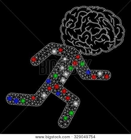 Bright Mesh Brain Drain With Lightspot Effect. White Wire Carcass Polygonal Mesh In Vector Format On