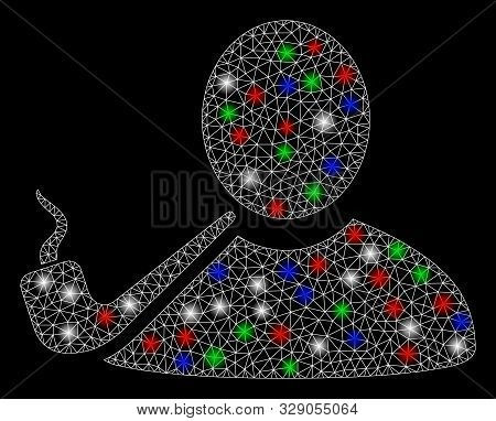 Bright Mesh Pipe Smoker With Glow Effect. White Wire Carcass Triangular Mesh In Vector Format On A B