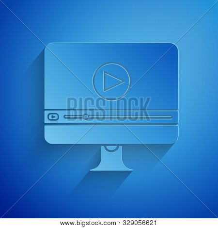 Paper Cut Online Play Video Icon Isolated On Blue Background. Computer Monitor And Film Strip With P