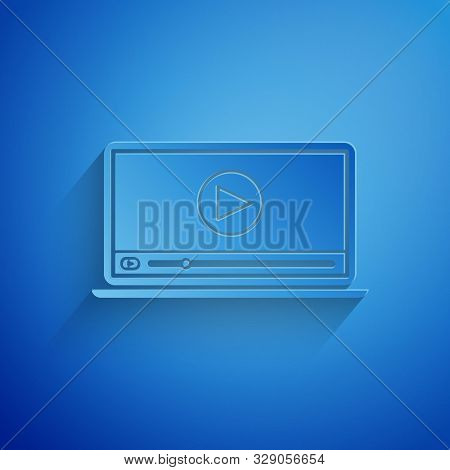 Paper Cut Online Play Video Icon Isolated On Blue Background. Laptop And Film Strip With Play Sign. 