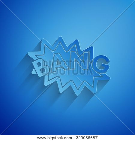 Paper Cut Bang Boom, Gun Comic Text Speech Bubble Balloon Icon Isolated On Blue Background. Paper Ar