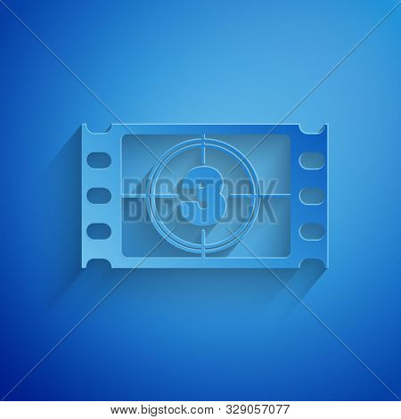 Paper Cut Play Video Icon Isolated On Blue Background. Film Strip With Start Sign. Paper Art Style. 
