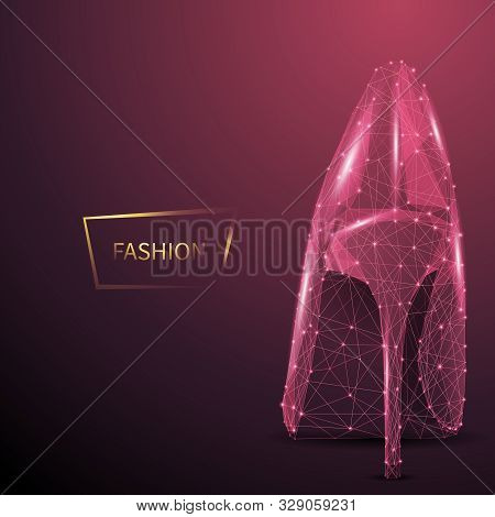 Fashion Low Poly Wireframe Vector Banner Template. Polygonal 3d Female High Heel. Footwear Designer 
