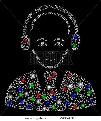 Bright Mesh Call Center Worker With Glare Effect. White Wire Carcass Triangular Network In Vector Fo