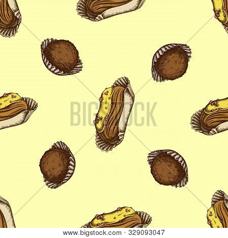 Seamless Pattern With Hand Drawn Colored Eclair, Truffle Stock Illustration