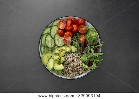 Healthy Food. Budha Bowl With Quinoa, Avocado, Cucumber, Salad, Tomatoe, Olive Oil Clean Eating Diet
