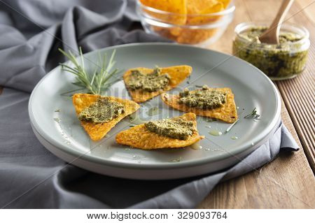Nachos Chips Or Corn Mexican Chips With Guacamole, Pesto Pasta Healthy Food Snack Isolated Closeup