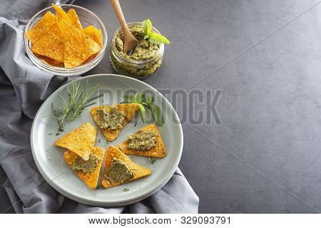 Nachos Chips Or Corn Mexican Chips With Guacamole, Pesto Pasta Healthy Food Snack Isolated Copy Spac
