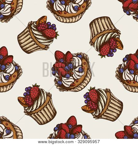 Seamless Pattern With Hand Drawn Colored Cupcake, Cake Stock Illustration