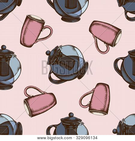 Seamless Pattern With Hand Drawn Colored Teapots, Cups Stock Illustration