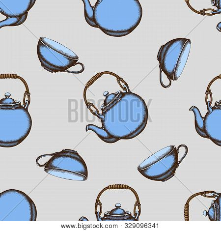 Seamless Pattern With Hand Drawn Colored Teapots, Cups Stock Illustration