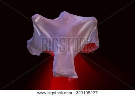 Flying White Ghost Boy Figure Covered With A Blanket Sheet On Black Background. Halloween 3d Illustr