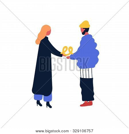 Woman Give Pretzel To Her Boyfriend Flat Vector Illustration. Friends Meeting, Standing Together. Tw