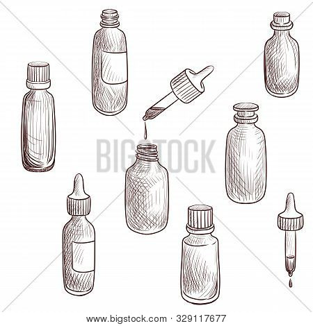 Vector Drawing Glass Bottes For Eesential Oils, Hand Drawn Illustration