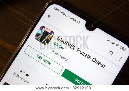 Ivanovsk, Russia - July 21, 2019: Marvel Puzzle Quest App On The Display Of Smartphone