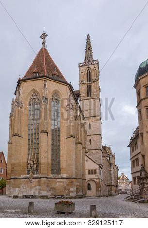 Kirchplatz (Church square) with  Lutheran St. James (Jakob)'s  Church in Rothenburg ob der Tauber, Bavaria, Germany, a part of the pilgrimage route to St. James Church in Santiago de Compostela, Spain