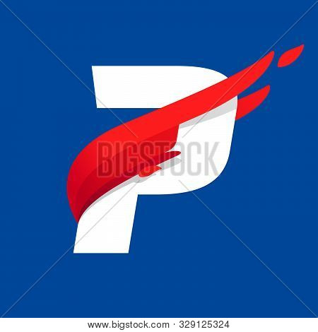 P Letter Logo With Fast Speed Red Bird Wing. Typeface, Vector Design Template Elements For Sport Tea
