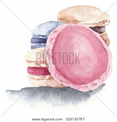 Hand Painted Watercolor French Macarons Illustration. Watercolor Illustration Of Macarons. Cake, Fra