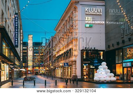 Helsinki, Finland - December 8, 2016: New Year Lights Xmas Christmas Decorations And Festive Illumin