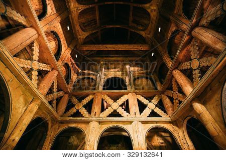 Borgund, Norway - June 14, 2019: Interior Of Famous Wooden Norwegian Landmark Stavkirke. Ancient Old