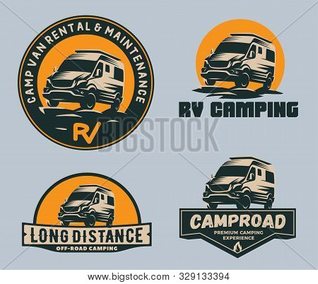 Set Of Camper Van Logo, Emblems And Badges. Recreational Vehicle Illustration.