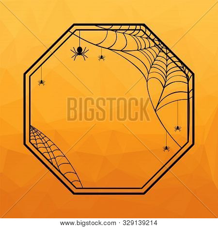 Halloween Geometric Frame With Spiderweb And Hanging Spiders On Orange Polygonal Background. Vector 