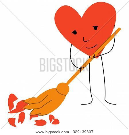 Vector Abstract Illustration-metaphor, Which Depicts A Lively Heart, Sweeping And Cleaning Up Broken