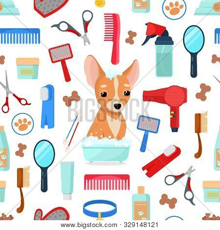 Seamless Pattern With Grooming Tools And Domestic Dog On White Background.