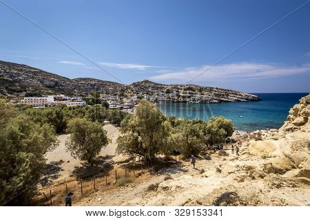 The Sea Coast And Mountains Of Matala On A Clear Summer Sunny Day. Crete, Greece.