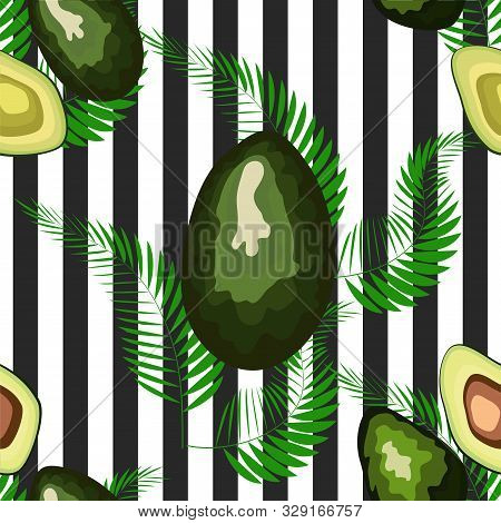 Seamless Pattern Of Avocado Fruits With Palm Leaves Dypsis Lutescens On A Striped Background.