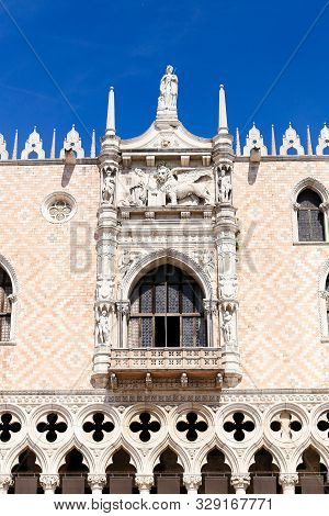 Closeup Exterior Of Doge Palace In Venice, Italy.