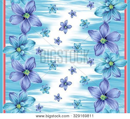 Watercolor Flowers On Light Blue Background With Light Lines By Two Sides.