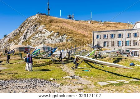 Rochers-de-naye, Canton Of Vaud, Switzerland - October 13, 2018: Hang-gliders In Swiss Alps From Top