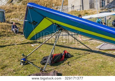 Rochers-de-naye, Canton Of Vaud, Switzerland - October 13, 2018: Hang-gliders In Swiss Alps From Top