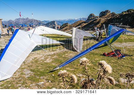 Rochers-de-naye, Canton Of Vaud, Switzerland - October 13, 2018: Hang-gliders In Swiss Alps From Top