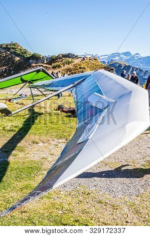Rochers-de-naye, Canton Of Vaud, Switzerland - October 13, 2018: Hang-gliders In Swiss Alps From Top
