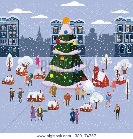 Christmas Market Or Holiday Winter Outdoor Fair On Oldtown Square Big New Year Tree Cityscape. Big S