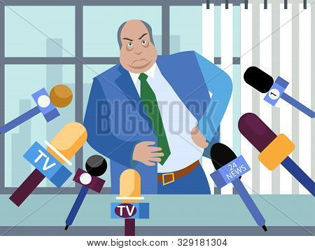 Bad Politician, Corrupt Official Gives Interviews To Journalists. In Minimalist Style. Flat Isometri